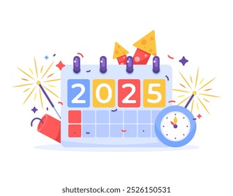 new year celebration concept 2025. happy new year 2025. annual party, event, and festival. illustration of a calendar, fireworks, firecrackers, and clock. flat style design. poster or banner elements