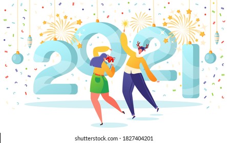 New Year celebration concept. Against the background of big beautiful figures 2021,  couple of joyful cartoon characters, man and woman dancing. Fireworks and confetti are sparkling around them.