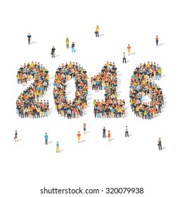 New year celebration concept. Crowds of people forming 2016 digits aerial view. Flat style vector illustration isolated on white background.