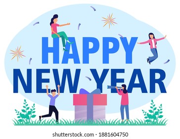New Year Celebration Concept Flat Concept Vector Cartoon Illustration. Little Men and Women Characters with Big Gifts and Festive Decorations, New Year's Holidays Poster Flyers. Everyone Was Happy.
