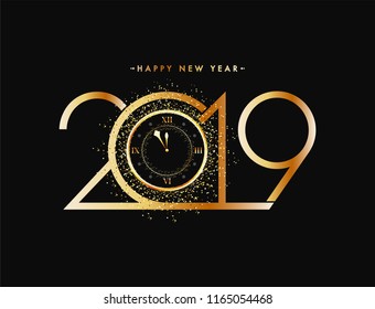 New Year celebration concept, golden text 2019 with glittering effect watch on black background.