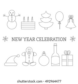 New year celebration concept with lots of new year and xmas symbols isolated on white background. Christmas and new year vector flyer template.