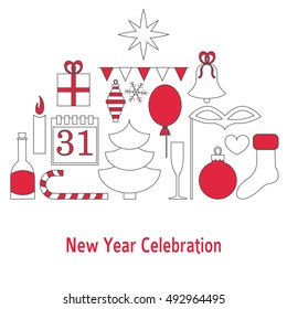 New year celebration concept with lots of new year and xmas symbols forming a pyramid isolated on white background with red elements. Christmas and new year vector flyer template.
