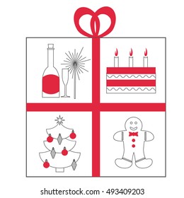 New year celebration concept with lots of new year and xmas symbols inside present box isolated on white background with red elements. Christmas and new year vector flyer template.