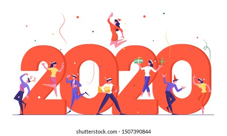 New Year Celebration Concept. Tiny Business People Characters Dancing around Huge 2020 Numbers, Party Poster, Banner, Flyer, Brochure. Cartoon Flat Vector Illustration