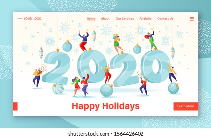 New Year celebration concept for website or landing page. Tiny People having fun, dancing with bengal light and crackers at huge 2020 numbers. Flat cartoon vector Illustration for web page design.