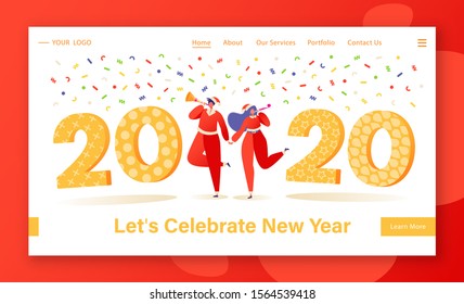 New Year celebration concept for website or landing page with dancing people characters. 2020 numbers and confetti on background. Flat cartoon Illustration for web page design on winter holiday theme.