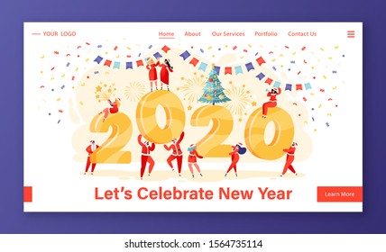 New Year celebration concept for website or landing page. Tiny People hang big numbers 2020 and decorate them, some characters are already celebrating and drinking champagne.