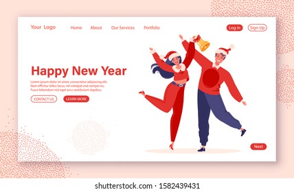 New Year celebration concept for website or landing page template. Couple of young joyful jumping people with raised hands in Santa Clause hats. They ringing in bell and dancing.