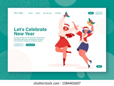 New Year celebration concept for website or landing page. Flat cartoon vector Illustration for web page design with couple of young girls who jump and dance with rised hands.Female characters laughing