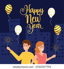 New Year celebration with couple holding sparklers, Vector