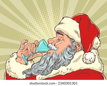 New year celebration with delicious drink. Upcoming food sales for the holiday. Santa Claus drinks from a glass. Pop Art Retro Vector Illustration Kitsch Vintage 50s 60s Style