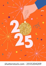 New Year celebration design with hand holding shiny Christmas tree toy and numbers of the year. 2025 colorful concept background. Hand drawn vector illustration for print, poster, banner, card, web