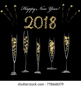 New Year celebration design with hand drawn champagne glasses, in golden, white and black colors