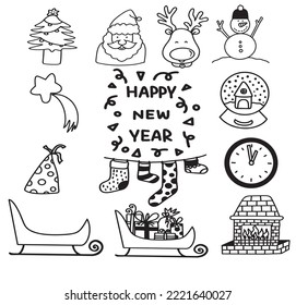 Celebración de año nuevo doodle estilo de dibujo de mano vectorial línea de traza de navidad
