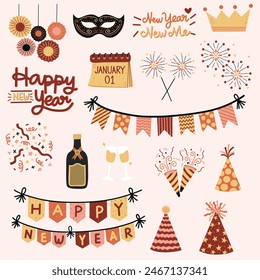 New Year celebration elements set. New Year decorations, banners, buntings, champagne glasses, confetti, fireworks, greetings, party hats and more. Hand drawn vector illustrations.