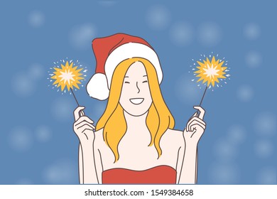 New Year celebration, festive mood concept. Burning sparklers, joyfulness, Christmas festivity, smiling party visitor wearing Santa Claus hat, traditional Xmas entertainment. Simple flat vector