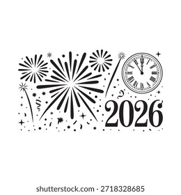 New year celebration with fireworks clock striking midnight and 2026