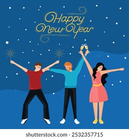 New Year celebration with friends holding sparklers, Vector