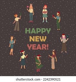 New Year celebration. Greeting card template. Girls have fun, decorate the Christmas tree, give gifts
