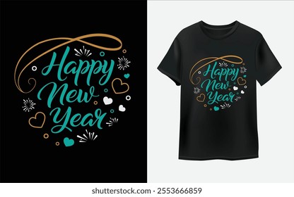 New year celebration, Happy New Year 2025 Typography style t-shirt design.