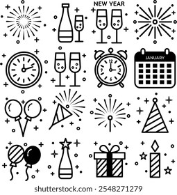 New Year Celebration Icon Collection Festive Party, Fireworks, Countdown, and Holiday Elements