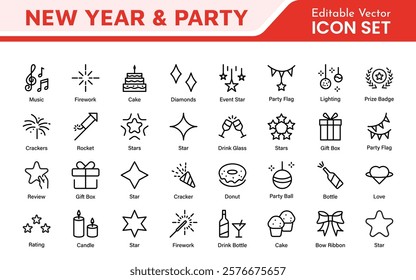 New Year and Celebration Icon Set. A festive collection of vibrant icons designed to enhance celebrations, perfect for party invitations, event promotions, and holiday-themed projects.