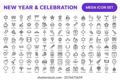 New Year and Celebration Icon Set. A festive collection of vibrant icons designed to enhance celebrations, perfect for party invitations, event promotions, and holiday-themed projects.