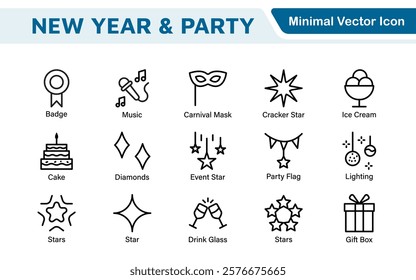 New Year and Celebration Icon Set. A festive collection of vibrant icons designed to enhance celebrations, perfect for party invitations, event promotions, and holiday-themed projects.
