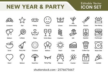 New Year and Celebration Icon Set. A festive collection of vibrant icons designed to enhance celebrations, perfect for party invitations, event promotions, and holiday-themed projects.