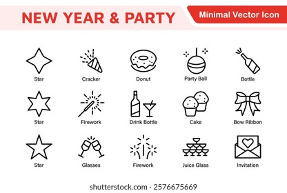 New Year and Celebration Icon Set. A festive collection of vibrant icons designed to enhance celebrations, perfect for party invitations, event promotions, and holiday-themed projects.