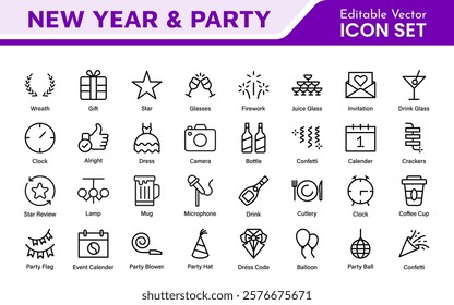 New Year and Celebration Icon Set. A festive collection of vibrant icons designed to enhance celebrations, perfect for party invitations, event promotions, and holiday-themed projects.