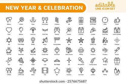 New Year and Celebration Icon Set. A festive collection of vibrant icons designed to enhance celebrations, perfect for party invitations, event promotions, and holiday-themed projects.