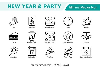 New Year and Celebration Icon Set. A festive collection of vibrant icons designed to enhance celebrations, perfect for party invitations, event promotions, and holiday-themed projects.
