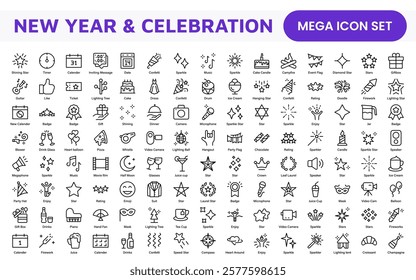New Year and Celebration Icon Set. A festive collection of vibrant icons designed to enhance celebrations, perfect for party invitations, event promotions, and holiday-themed projects.