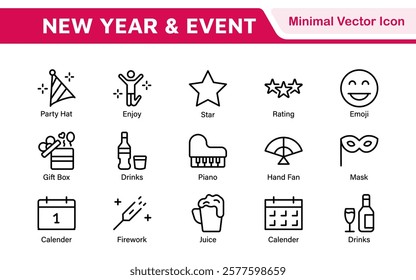 New Year and Celebration Icon Set. A festive collection of vibrant icons designed to enhance celebrations, perfect for party invitations, event promotions, and holiday-themed projects.