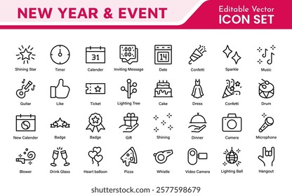 New Year and Celebration Icon Set. A festive collection of vibrant icons designed to enhance celebrations, perfect for party invitations, event promotions, and holiday-themed projects.