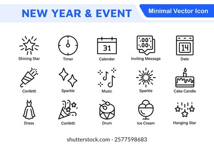 New Year and Celebration Icon Set. A festive collection of vibrant icons designed to enhance celebrations, perfect for party invitations, event promotions, and holiday-themed projects.