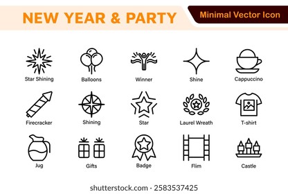New Year and Celebration Icon Set. A festive collection of vibrant icons designed to enhance celebrations, perfect for party invitations, event promotions, and holiday-themed projects.