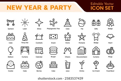 New Year and Celebration Icon Set. A festive collection of vibrant icons designed to enhance celebrations, perfect for party invitations, event promotions, and holiday-themed projects.