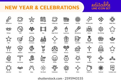 New Year and Celebration Icon Set. A festive collection of vibrant icons designed to enhance celebrations, perfect for party invitations, event promotions, and holiday-themed projects.