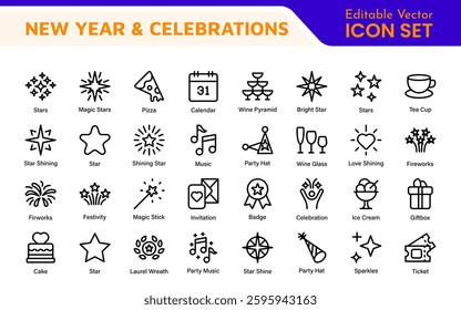 New Year and Celebration Icon Set. A festive collection of vibrant icons designed to enhance celebrations, perfect for party invitations, event promotions, and holiday-themed projects.
