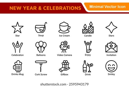 New Year and Celebration Icon Set. A festive collection of vibrant icons designed to enhance celebrations, perfect for party invitations, event promotions, and holiday-themed projects.