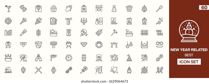 New Year Celebration Icon Set Featuring 60 Line Art Symbols Representing Festive Elements, Fireworks, Champagne, Party Hats, Music, and Decorative Designs for Holiday-Themed Projects