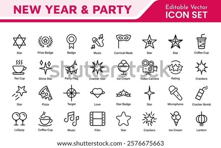 New Year and Celebration Icon Set. A festive collection of vibrant icons designed to enhance celebrations, perfect for party invitations, event promotions, and holiday-themed projects.