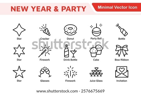 New Year and Celebration Icon Set. A festive collection of vibrant icons designed to enhance celebrations, perfect for party invitations, event promotions, and holiday-themed projects.
