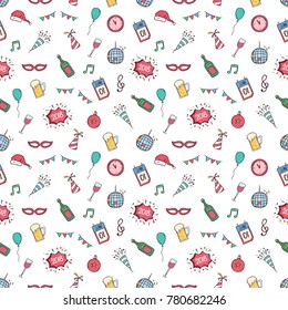 new year celebration icons in seamless pattern with colored doodle style on white background