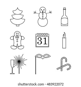 New year celebration icons set. Vector illustration of fur winter tree, snowman, champagne bottle, Gingerbread man, calendar, candle, glass, mask and sweet lollipop stick