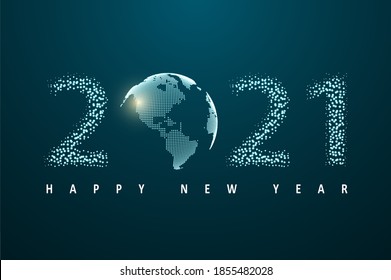 New Year celebration illustration. Glittering dust of lights. Dots constructed the sphere map of the world. Graphic concept for your design