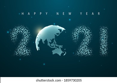New Year celebration illustration. Glittering dust of lights. Dots constructed the sphere map of the world. Graphic concept for your design
